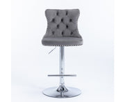 Velvet Stud Barstool with Footrest and Chromed Base- Gray. Price for Each floor stock only left