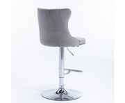 Velvet Stud Barstool with Footrest and Chromed Base- Gray. Price for Each floor stock only left