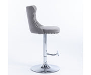 Velvet Stud Barstool with Footrest and Chromed Base- Gray. Price for Each floor stock only left
