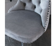 Velvet Stud Barstool with Footrest and Chromed Base- Gray. Price for Each floor stock only left