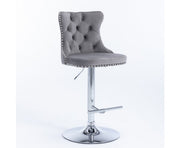 Velvet Stud Barstool with Footrest and Chromed Base- Gray. Price for Each floor stock only left
