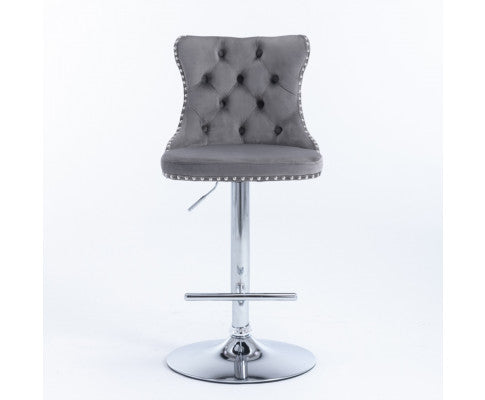 Velvet Stud Barstool with Footrest and Chromed Base- Gray. Price for Each floor stock only left