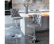 Velvet Stud Barstool with Footrest and Chromed Base- Gray. Price for Each floor stock only left