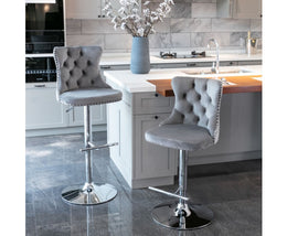 Velvet Stud Barstool with Footrest and Chromed Base- Gray. Price for Each floor stock only left