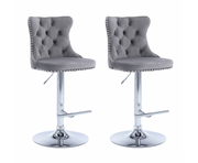 Velvet Stud Barstool with Footrest and Chromed Base- Gray. Price for Each floor stock only left