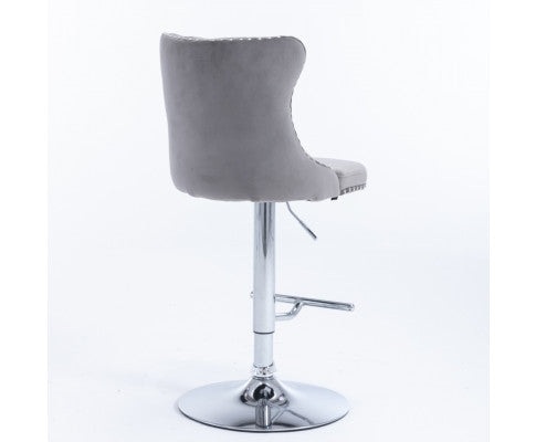 Velvet Stud Barstool with Footrest and Chromed Base- Gray. Price for Each floor stock only left