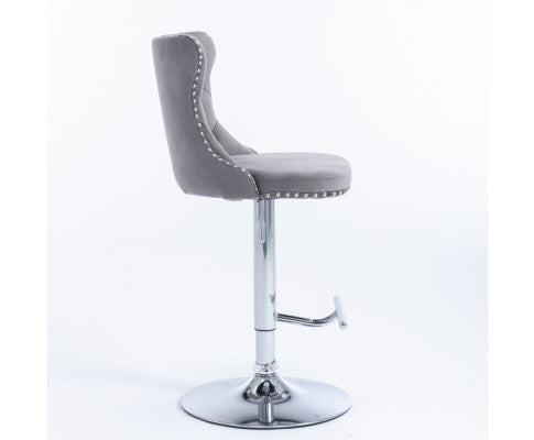 Velvet Stud Barstool with Footrest and Chromed Base- Gray. Price for Each floor stock only left