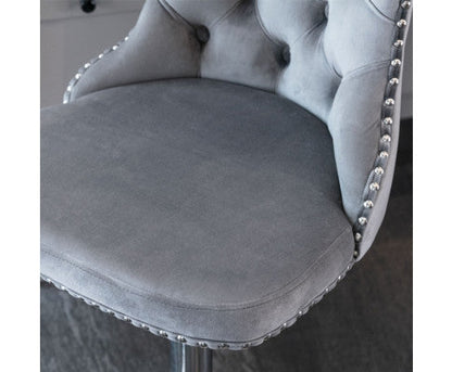 Velvet Stud Barstool with Footrest and Chromed Base- Gray. Price for Each floor stock only left