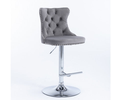 Velvet Stud Barstool with Footrest and Chromed Base- Gray. Price for Each floor stock only left