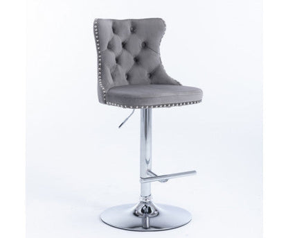 Velvet Stud Barstool with Footrest and Chromed Base- Gray. Price for Each floor stock only left