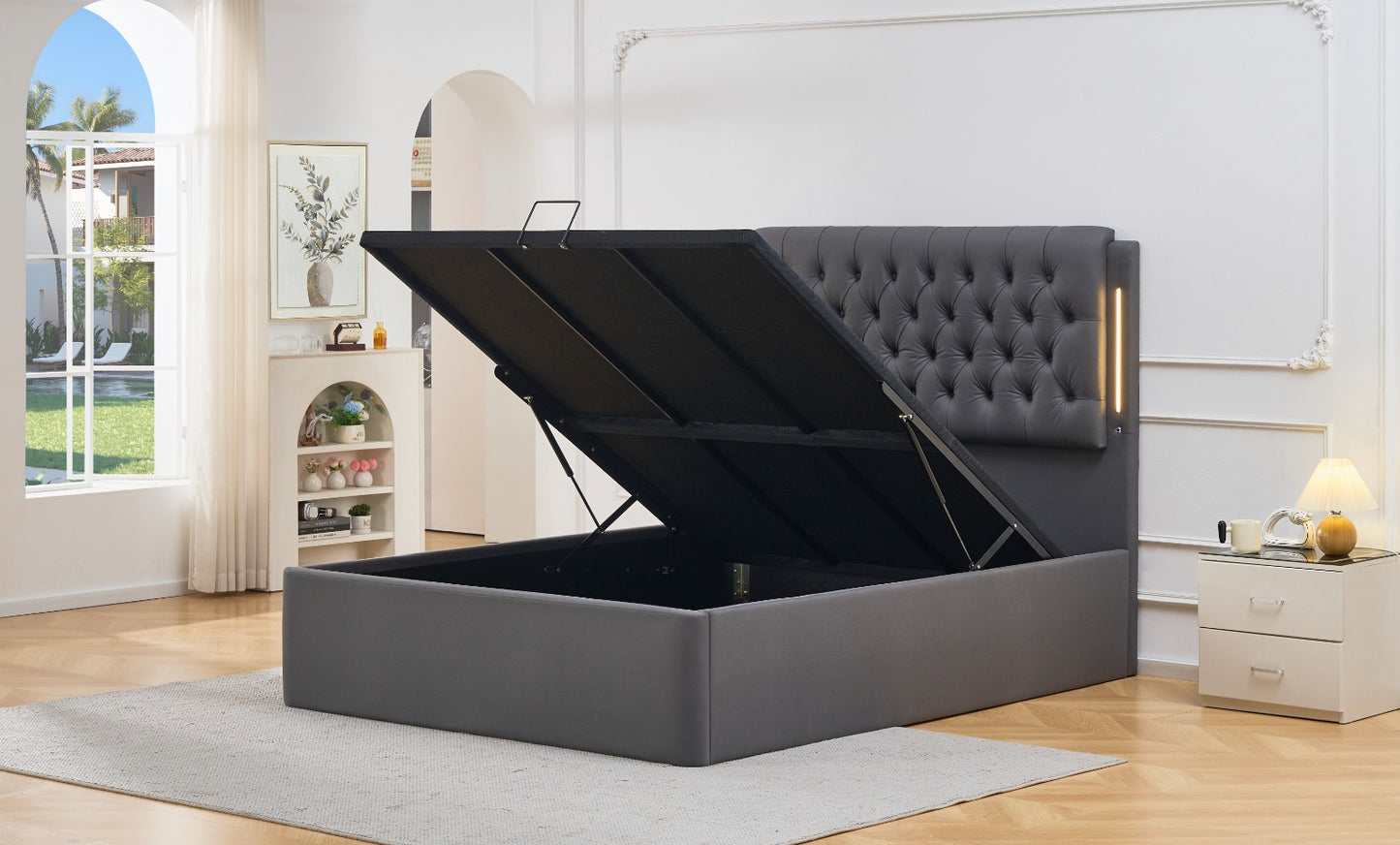 HAMPTON Gas Lift Storage Bed | Upholstered Comfort with LED Light Design New Arrival...!!!