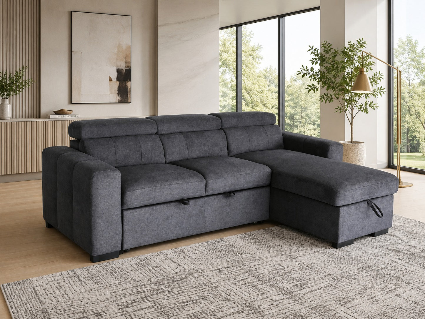 Harper Sofa Bed with Reversible Chaise Storage | Adjustable Headrest | Lima Fabric Sofa Bed